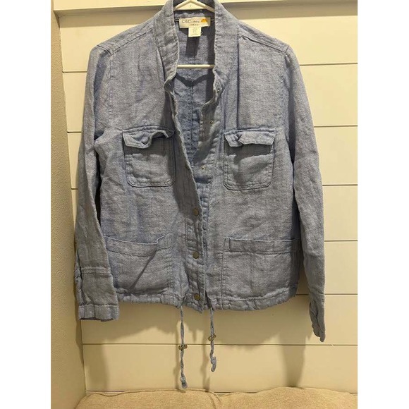 C&C California Jackets & Blazers - C&C California Womens Blue 100% Linen Nautical Coastal Jacket Roll Tab Med